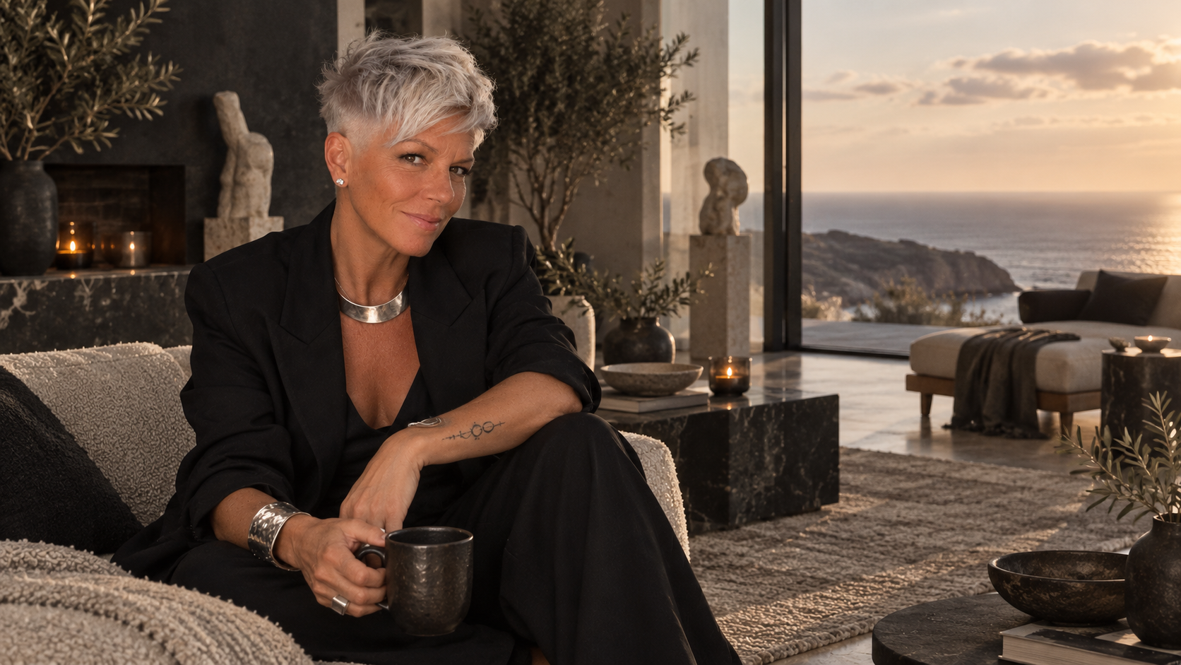 PHLUX seated with a mug in her hand, the ocean at sunset behind her